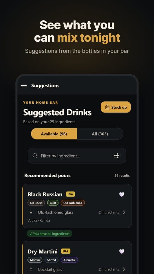 Proof suggesting drinks you can make with the ingredients in your bar